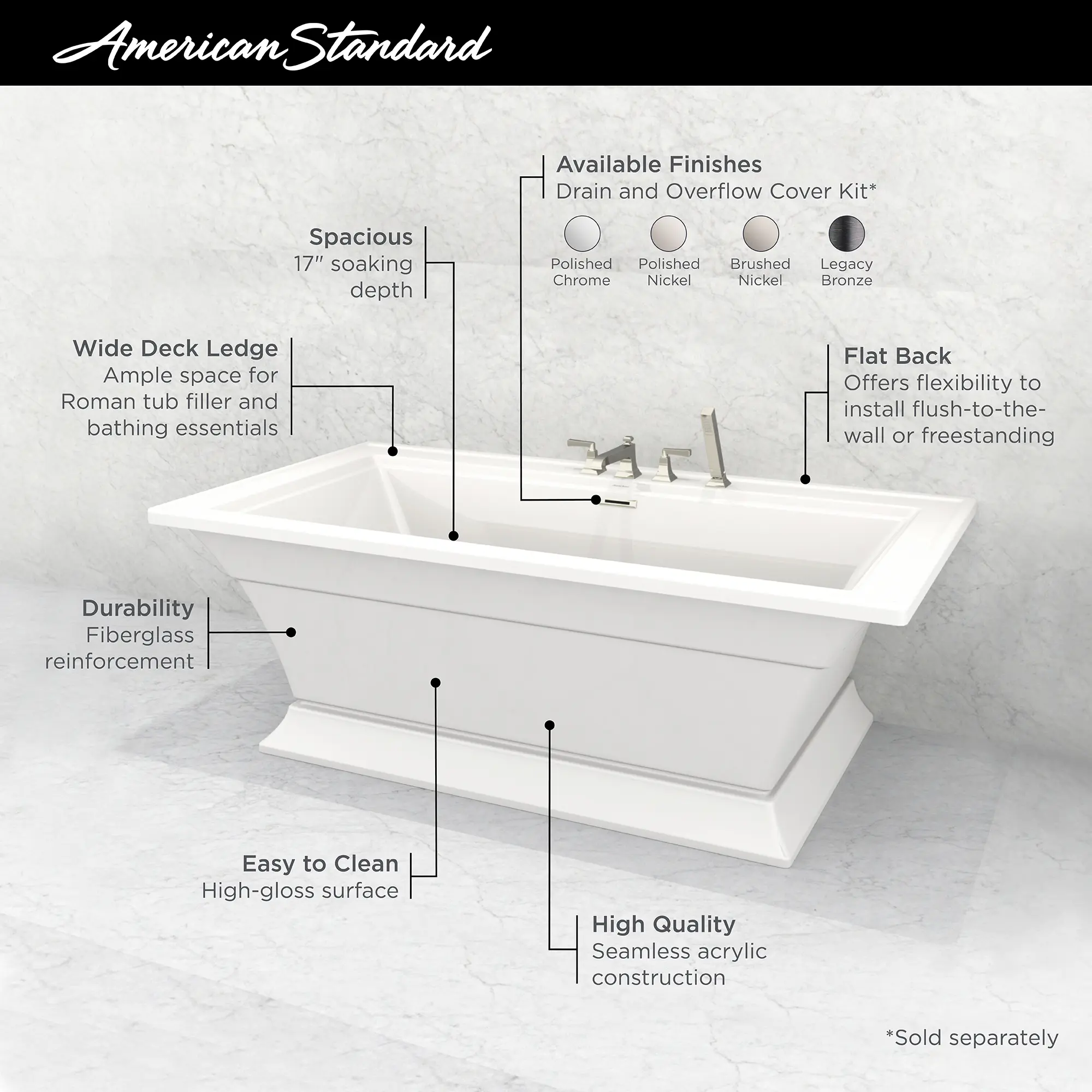 Town Square® S 68 x 36-Inch Freestanding Bathtub Center Drain With Integrated Overflow - Image 8